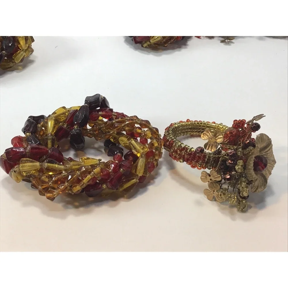 Holiday Round Napkin Rings 2 sets (6) And (8) Beaded Red and Gold Floral